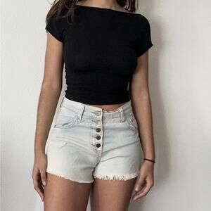 Denim Shorts High Waisted Button Fly Frayed Hem Light Wash‎
